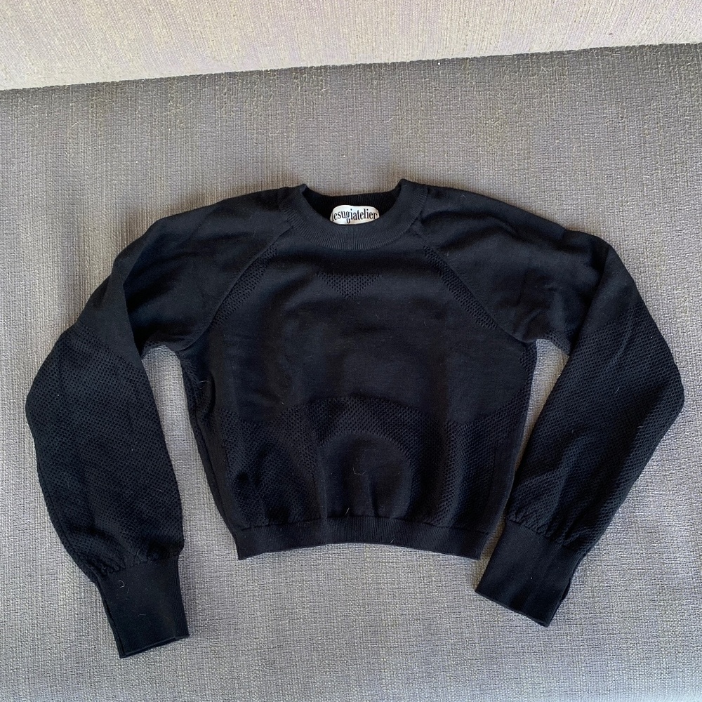 Lesugiatelier Korean Designer Perforated Knit Longsleeve Crop Top